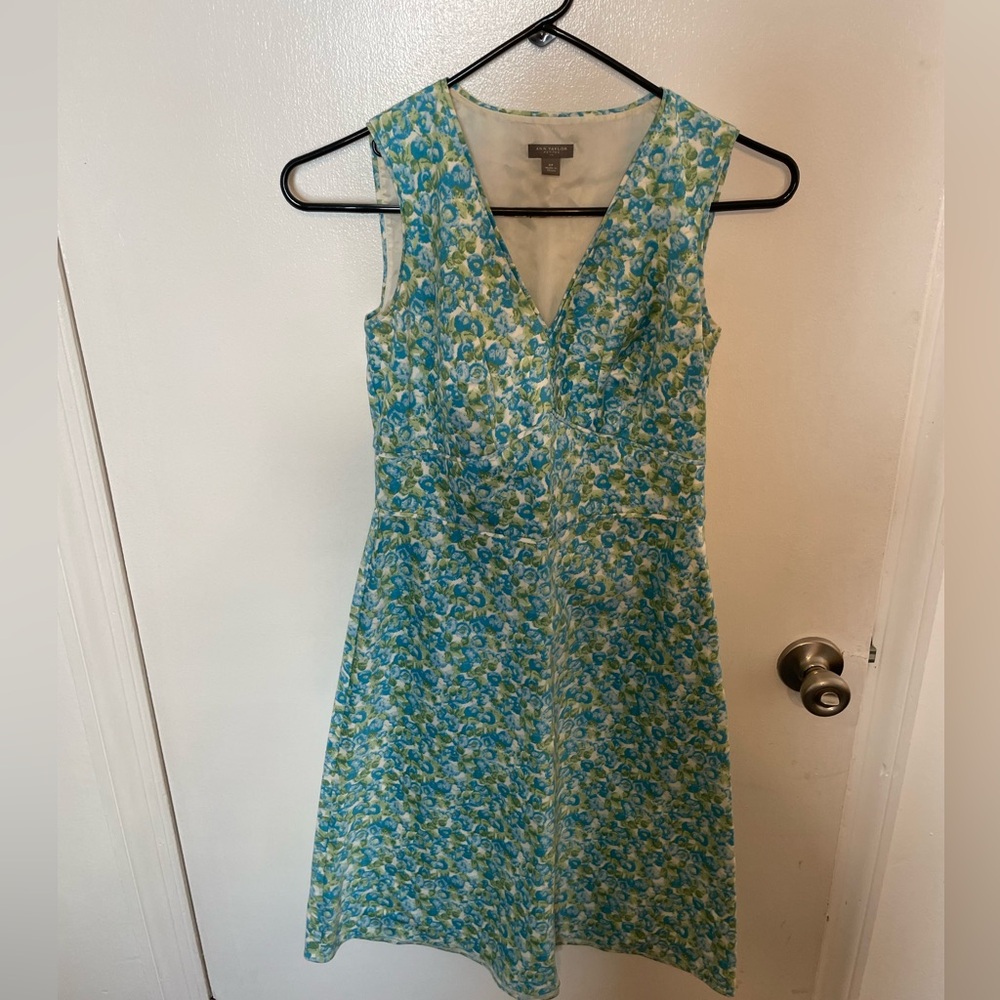Petite Ann Taylor Blue and Green Floral Dress